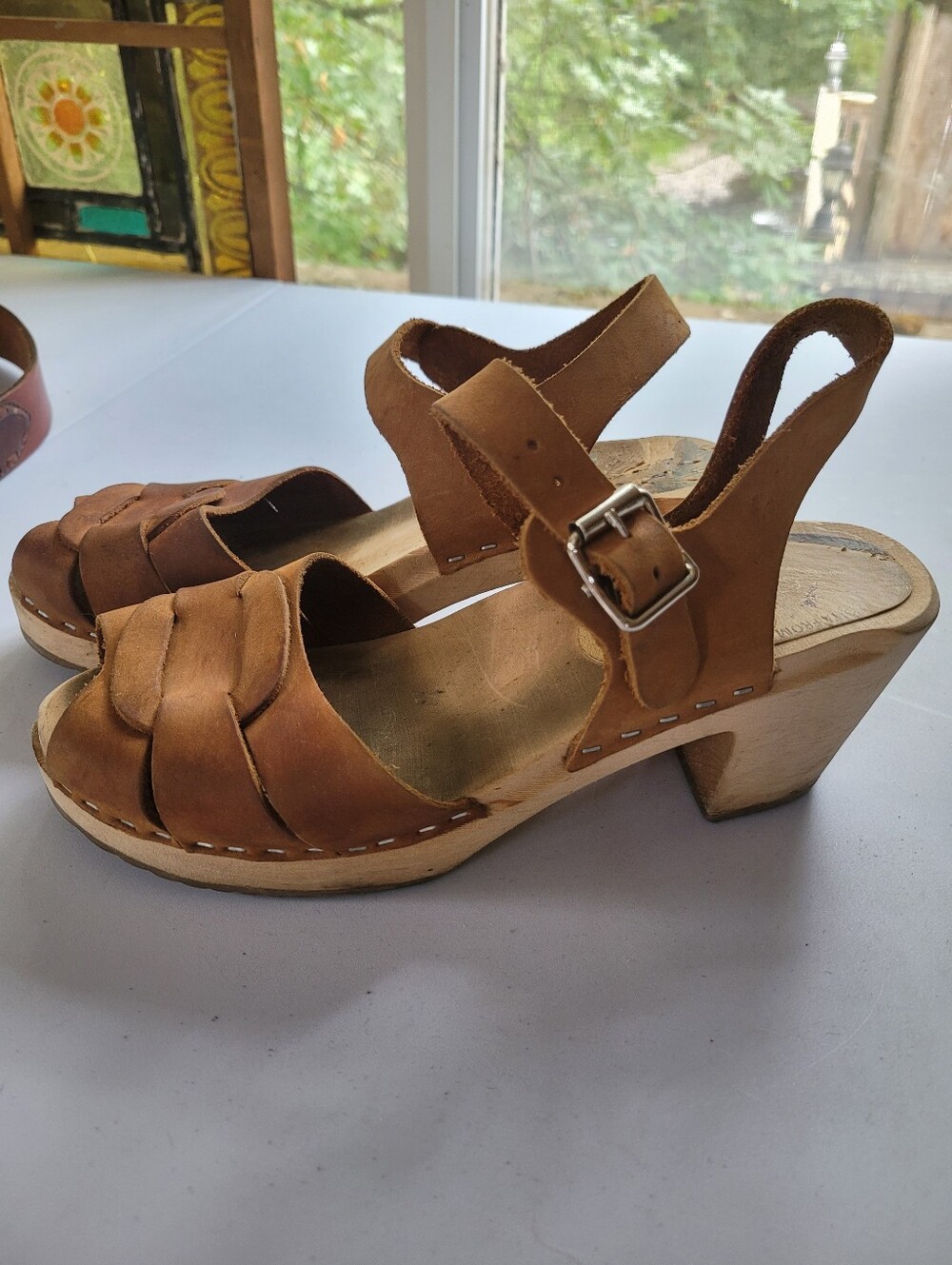 Lotta's 38/7.5 Women's Tan Leather Slingback Clog Sandals - Picture 2 of 10